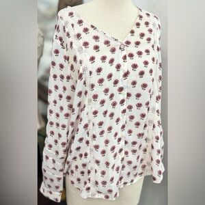 LOFT Floral Crochet Trim V-Neck Boho Cottagecore Lightweight Feminine Style L